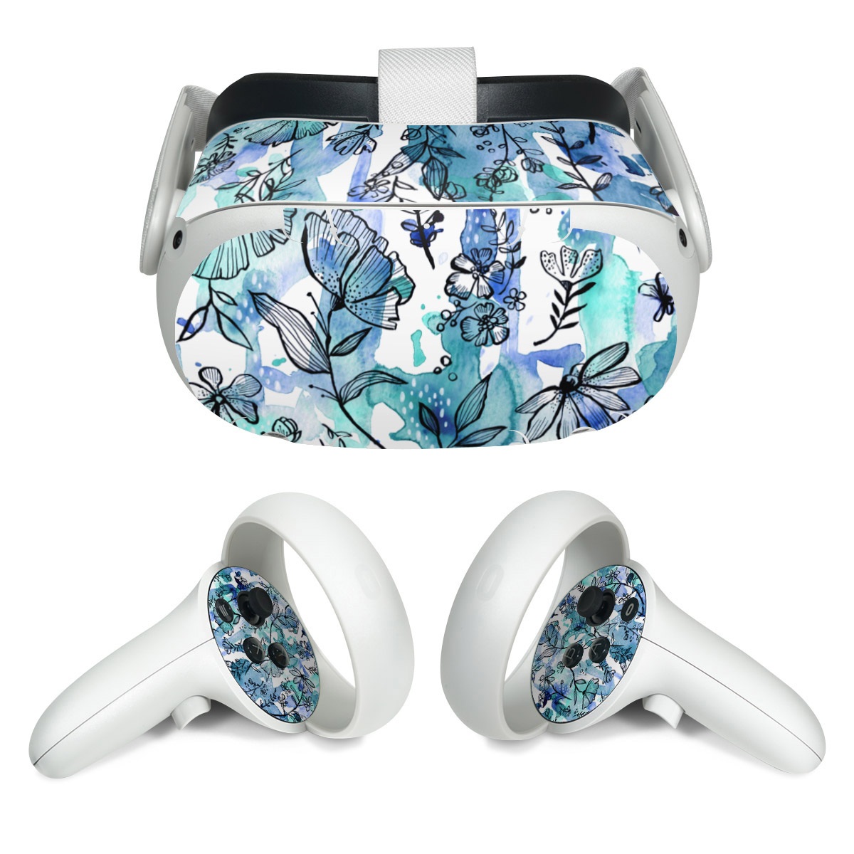 Meta Quest 2 Skin design of Blue, Pattern, Turquoise, Aqua, Design, Textile, Wildflower, Plant, Wrapping paper, Gift wrapping, with blue, white, black, purple colors