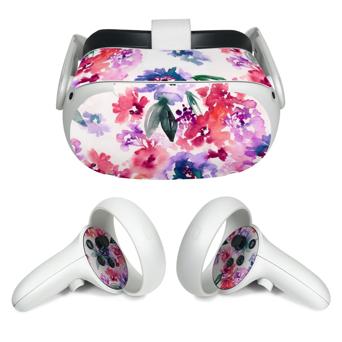 Meta Quest 2 Skin design of Purple, Pattern, Pink, Lilac, Violet, Flower, Watercolor paint, Floral design, Plant, Design, with green, pink, red, purple, white colors