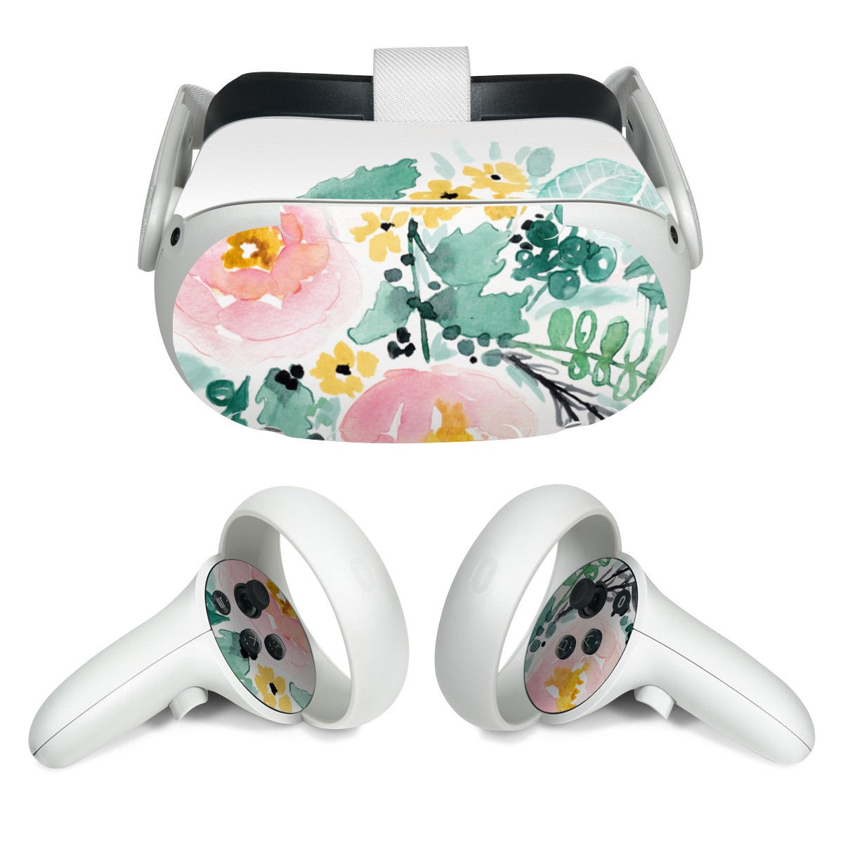 Meta Quest 2 Skin design of Branch, Clip art, Watercolor paint, Flower, Leaf, Botany, Plant, Illustration, Design, Graphics, with green, pink, red, orange, yellow colors