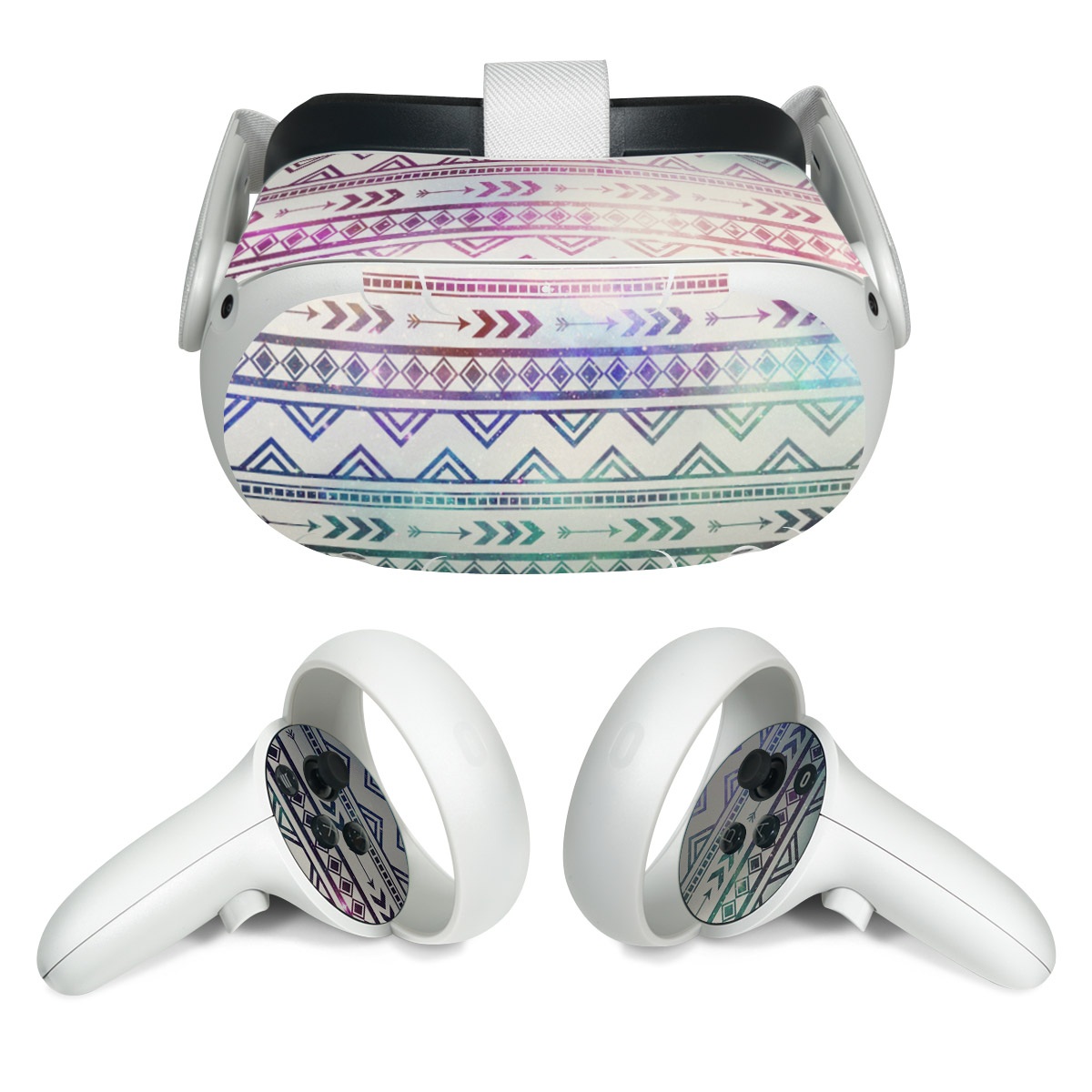 Meta Quest 2 Skin design of Pattern, Line, Teal, Design, Textile, with gray, pink, yellow, blue, black, purple colors