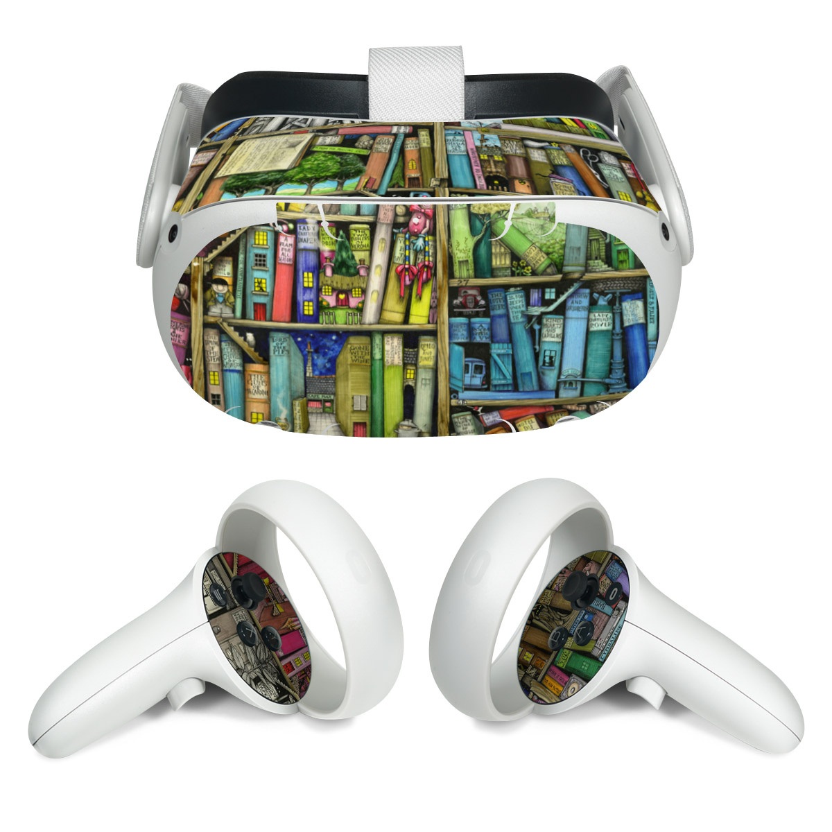 Meta Quest 2 Skin design of Collection, Art, Visual arts, Bookselling, Shelving, Painting, Building, Shelf, Publication, Modern art, with brown, green, blue, red, pink colors