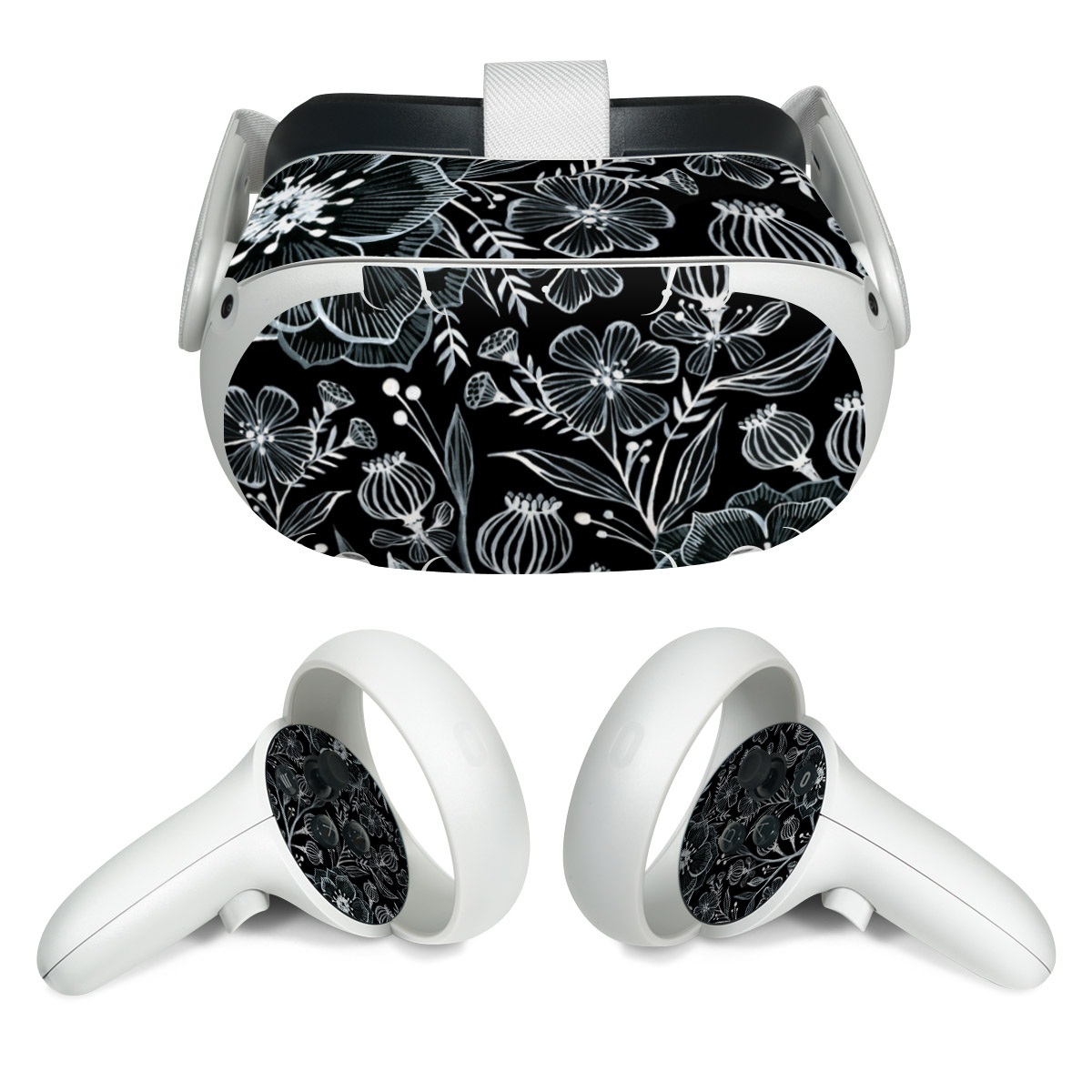 Meta Quest 2 Skin design of Pattern, Black-and-white, Flower, Monochrome photography, Plant, Design, Monochrome, Botany, Wildflower, Visual arts, with black, white colors