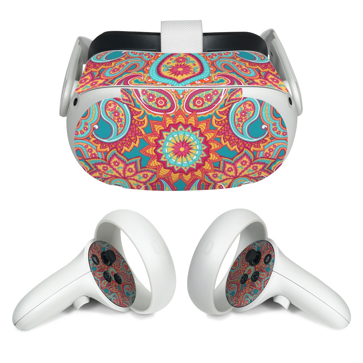 Meta Quest 2 Skin design of Pattern, Paisley, Motif, Visual arts, Design, Art, Textile, Psychedelic art, with orange, yellow, blue, red colors