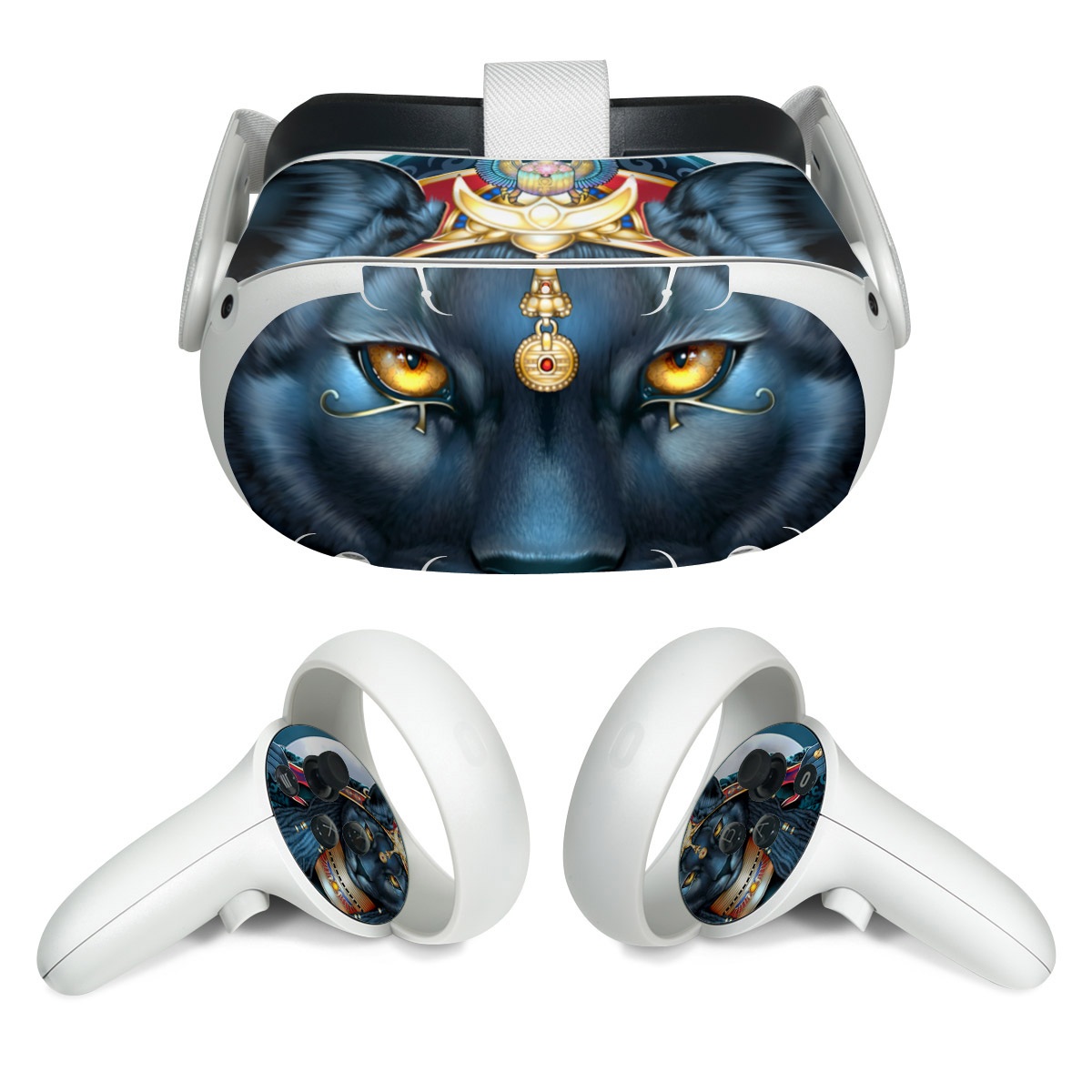 Meta Quest 2 Skin design of Jaw, Font, Whiskers, Toy, Snout, Personal protective equipment, Fictional character, Electric blue, Graphics, Mask, with black, white, red, blue, yellow, orange colors