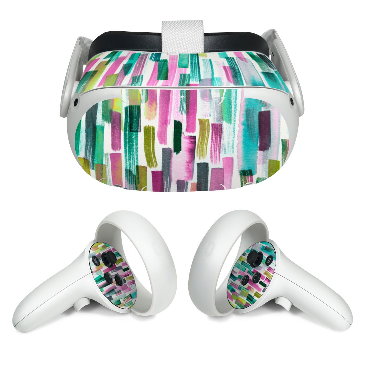 Meta Quest 2 Skin design of Line, Turquoise, Pink, Pattern, Design, Magenta, Colorfulness, with white, green, blue, pink, purple, black, blue colors