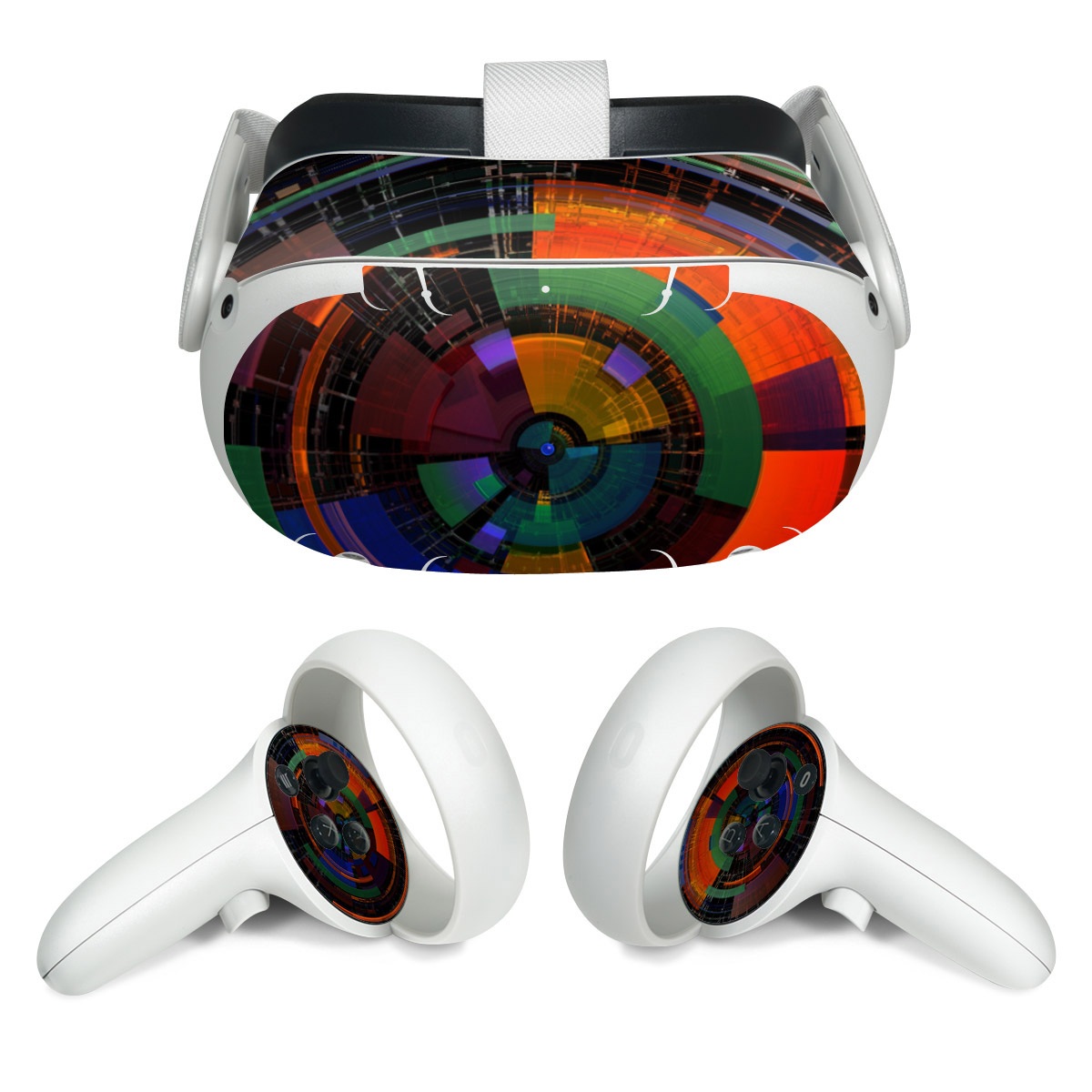 Meta Quest 2 Skin design of Colorfulness, Pattern, Circle, Design, Architecture, Symmetry, Art, Spiral, Psychedelic art, with black, red, blue, green, orange, brown colors