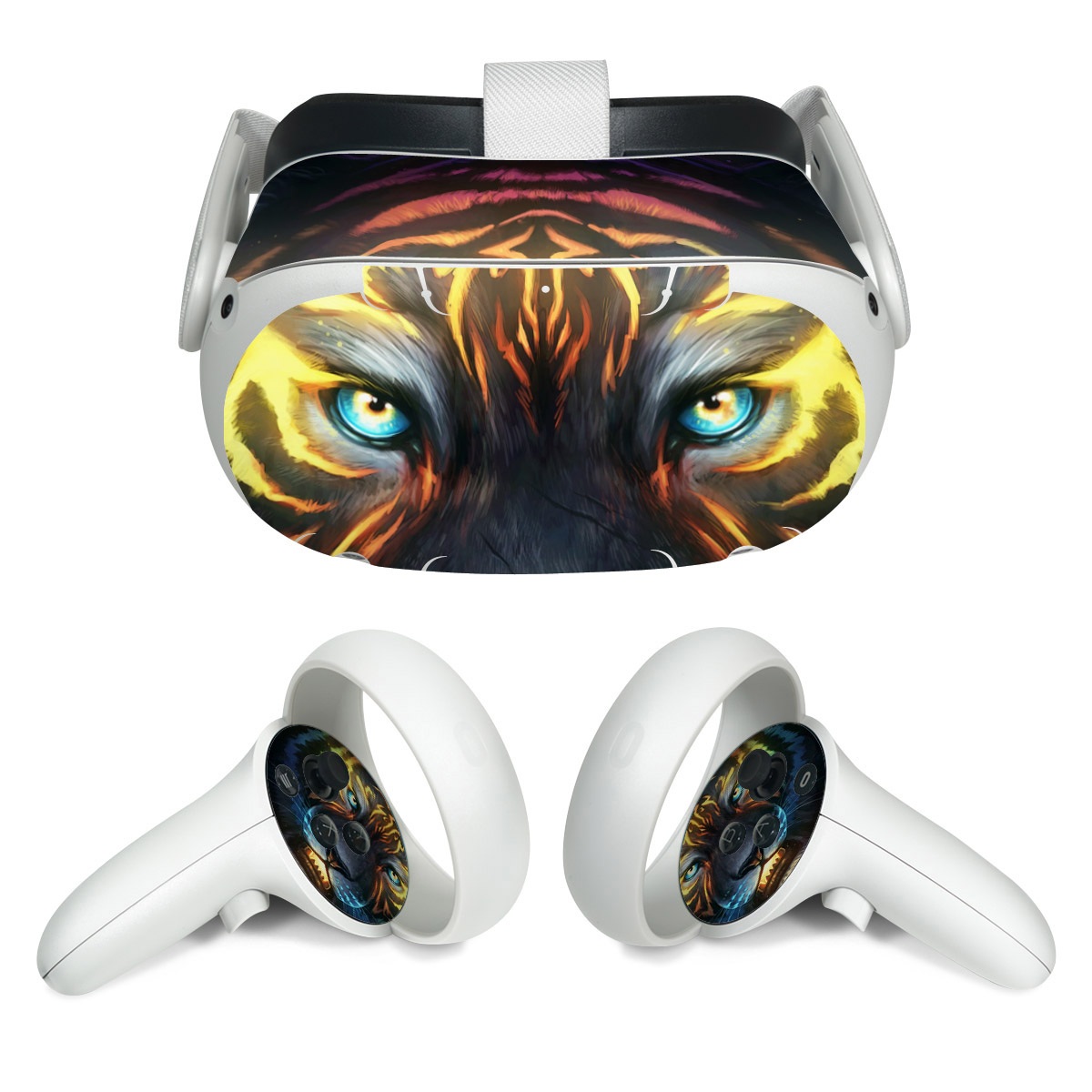 Meta Quest 2 Skin design of Felidae, Vertebrate, Carnivore, Organism, Painting, Roar, Bengal tiger, Big cats, Art, Whiskers, with black, yellow, orange, red, green, purple, blue colors