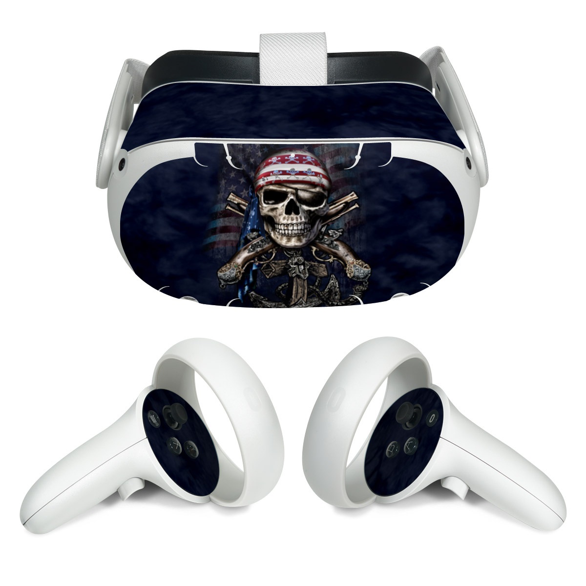 Meta Quest 2 Skin design of Skull, Bone, Skeleton, Illustration, Outerwear, T-shirt, Flag, Art, with black, gray, red colors