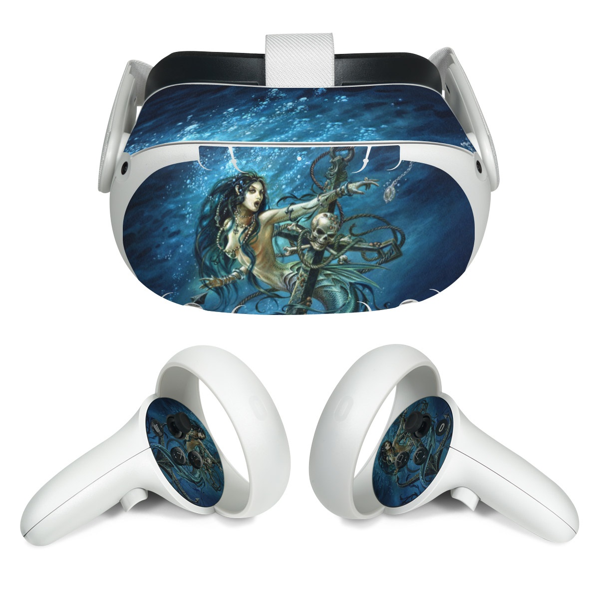 Meta Quest 2 Skin design of Mermaid, Cg artwork, Illustration, Fictional character, Art, Mythology, Mythical creature, Graphic design, with blue, green, white, black colors