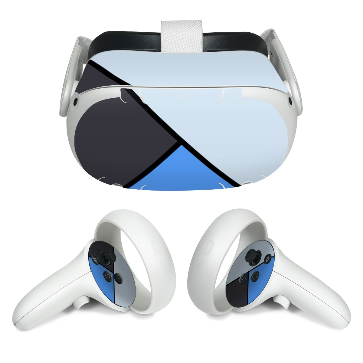 Meta Quest 2 Skin design of Blue, Line, Cobalt blue, Triangle, Azure, Electric blue, Parallel, Symmetry, Font, with blue, gray, black colors