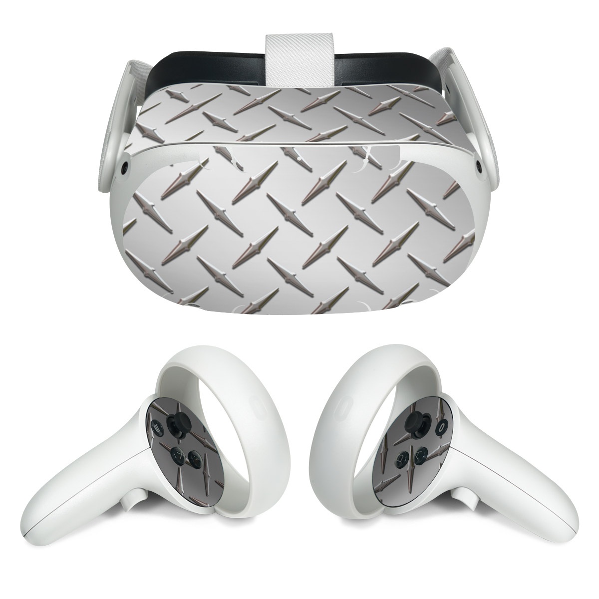 Meta Quest 2 Skin design of Pattern, Metal, Line, Design, Steel, Parallel, Tile, Beige, Flooring, with gray colors