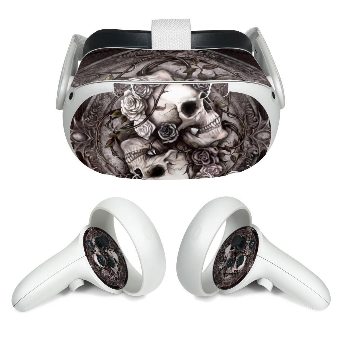 Meta Quest 2 Skin design of Skull, Bone, Illustration, Font, Still life photography, Photography, Still life, Art, Monochrome, Circle, with black, white, brown, pink colors