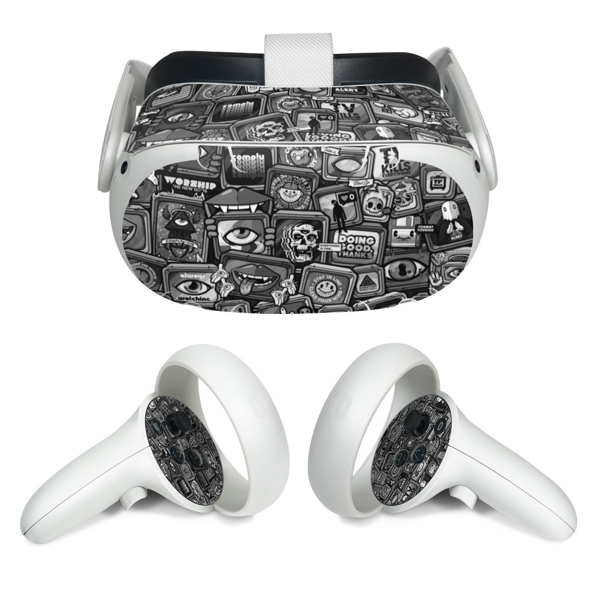 Meta Quest 2 Skin design of Font, Text, Pattern, Black-and-white, Design, Photography, Stock photography, Illustration, Monochrome, Drawing, with black, white, gray colors