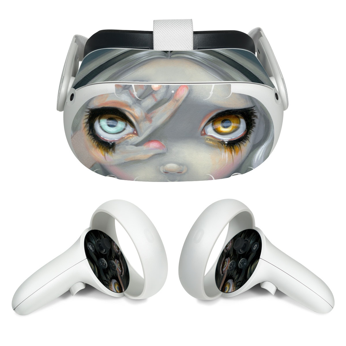 Meta Quest 2 Skin design of Face, Head, Cg artwork, Eye, Illustration, Organ, Fictional character, Art, Iris, Darkness, with black, gray, blue, green colors