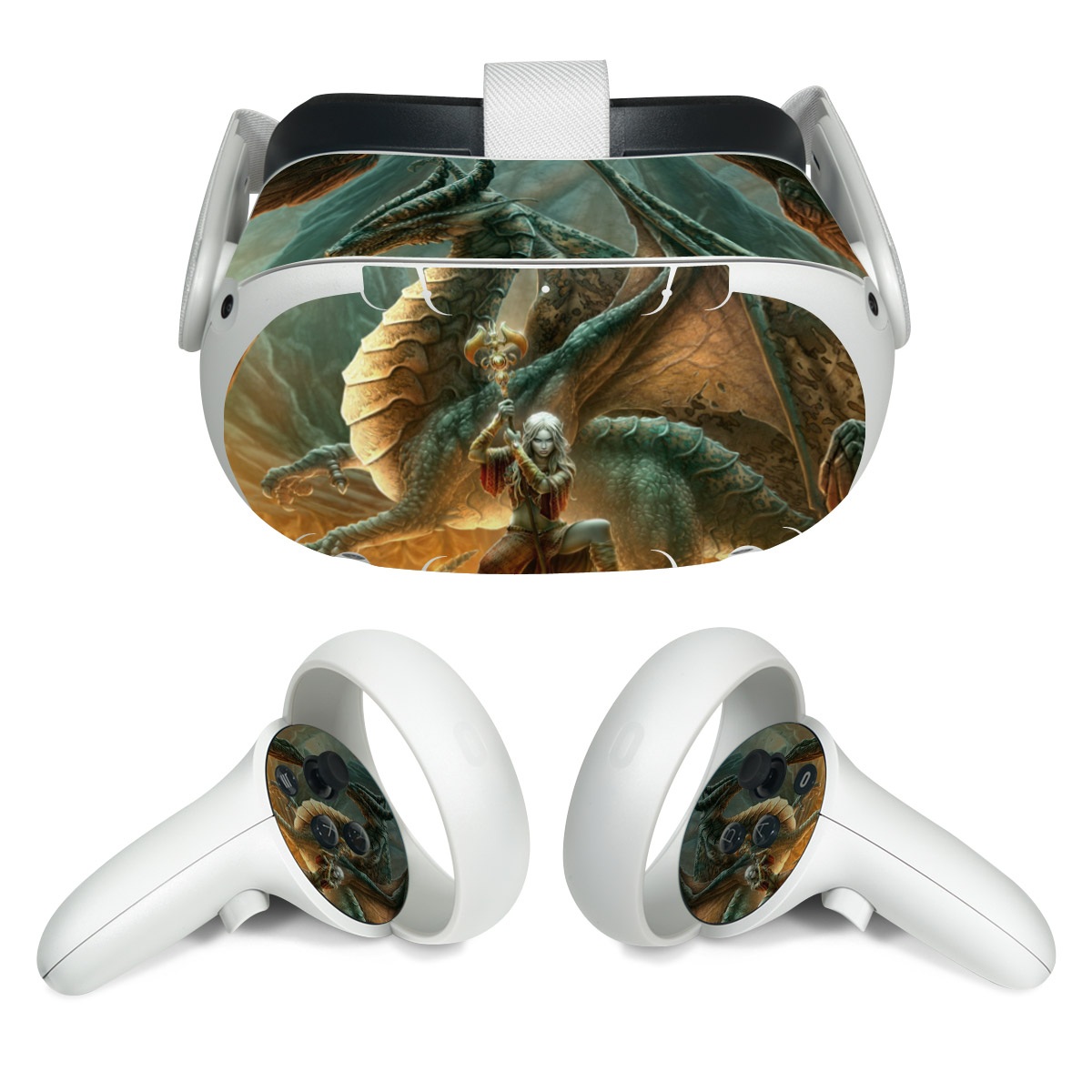 Meta Quest 2 Skin design of Dragon, Cg artwork, Mythology, Fictional character, Mythical creature, Art, Illustration, Cryptid, Sculpture, Demon, with black, green, red, gray, blue colors