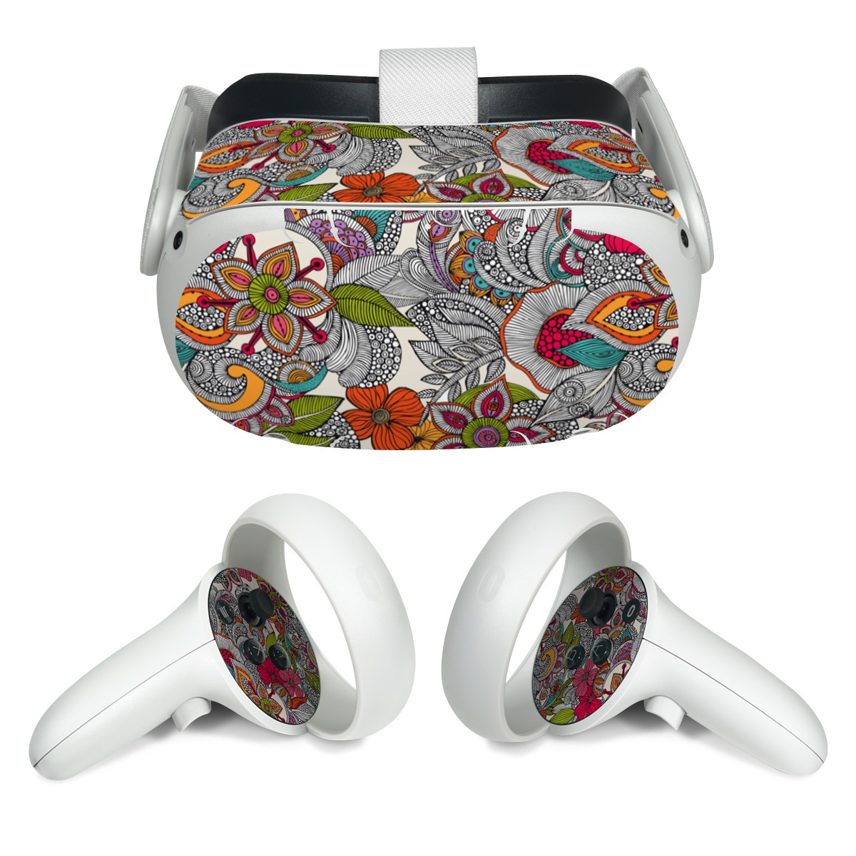 Meta Quest 2 Skin design of Pattern, Drawing, Visual arts, Art, Design, Doodle, Floral design, Motif, Illustration, Textile, with gray, red, black, green, purple, blue colors