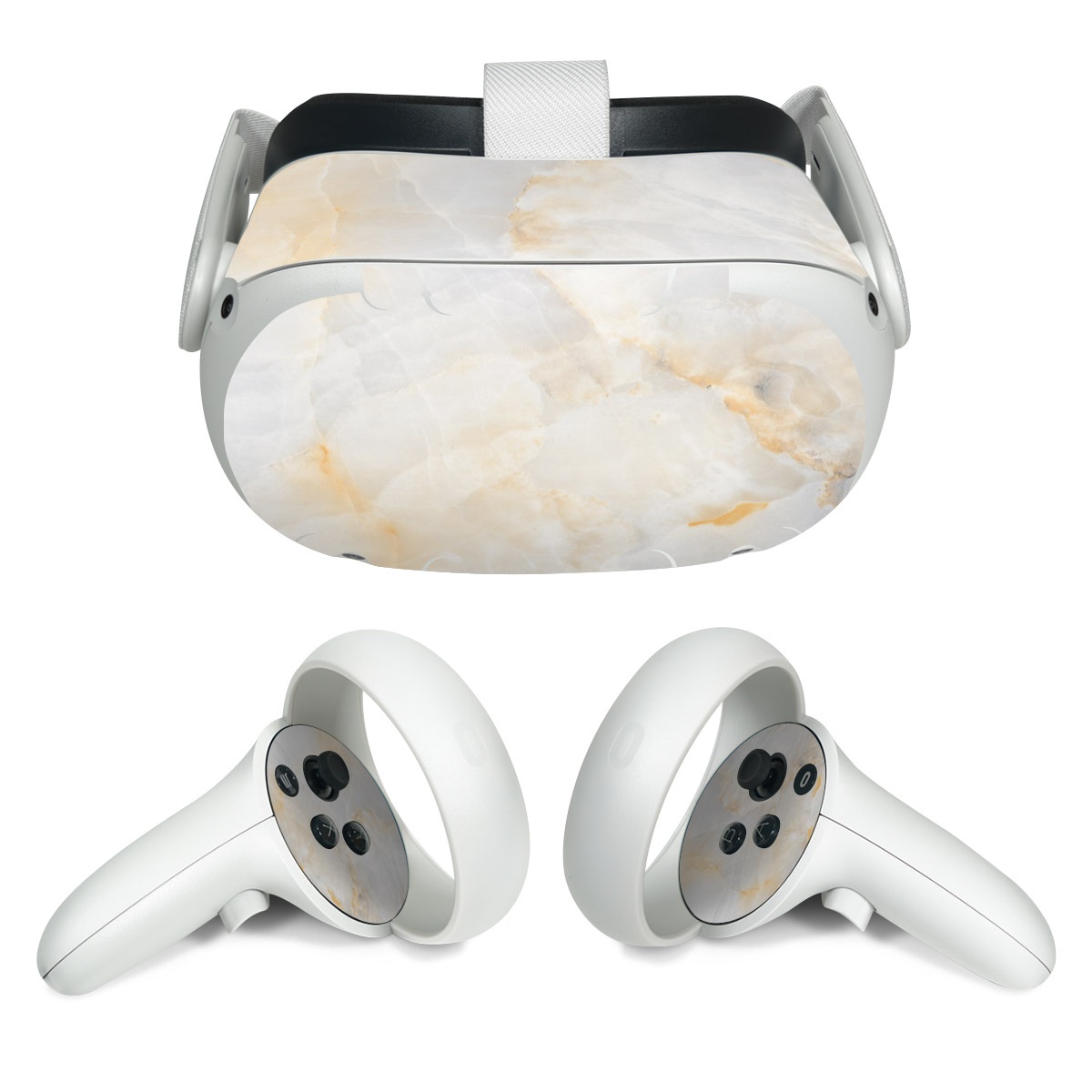 Meta Quest 2 Skin design of White, Textile, Flooring, Marble, Paper, Pattern, Fashion accessory, Tile, with white, orange, black, yellow colors