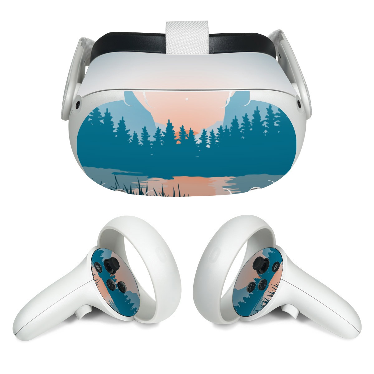 Meta Quest 2 Skin design of Sky, Atmosphere, Mountain, Ecoregion, Plant, Natural landscape, Larch, Highland, Fog, Atmospheric phenomenon, with blue, yellow, orange, green colors