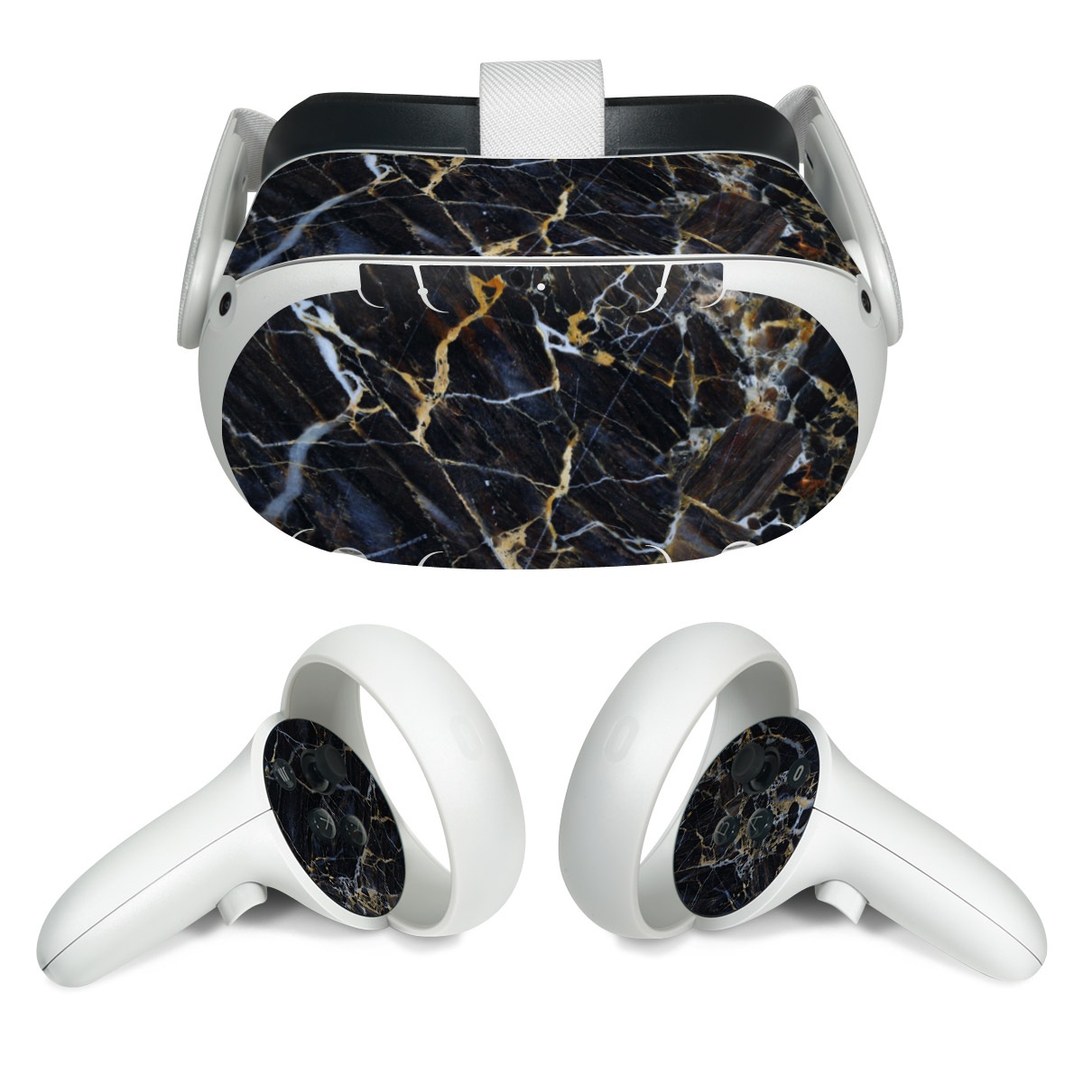 Meta Quest 2 Skin design of Black, Yellow, Rock, Brown, Marble, Water, Close-up, Granite, Pattern, Geology, with black, white, orange, gray, yellow colors