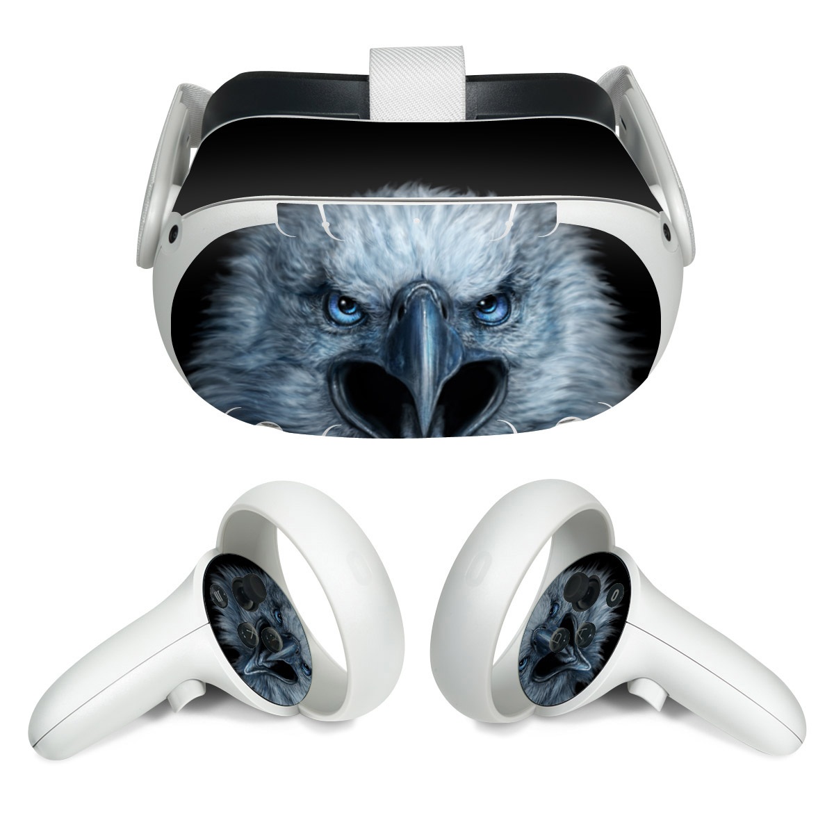 Meta Quest 2 Skin design of Bird, Vertebrate, Bird of prey, Beak, Eagle, Wildlife, Organ, Close-up, Eye, Accipitriformes, with white, gray, black, blue colors