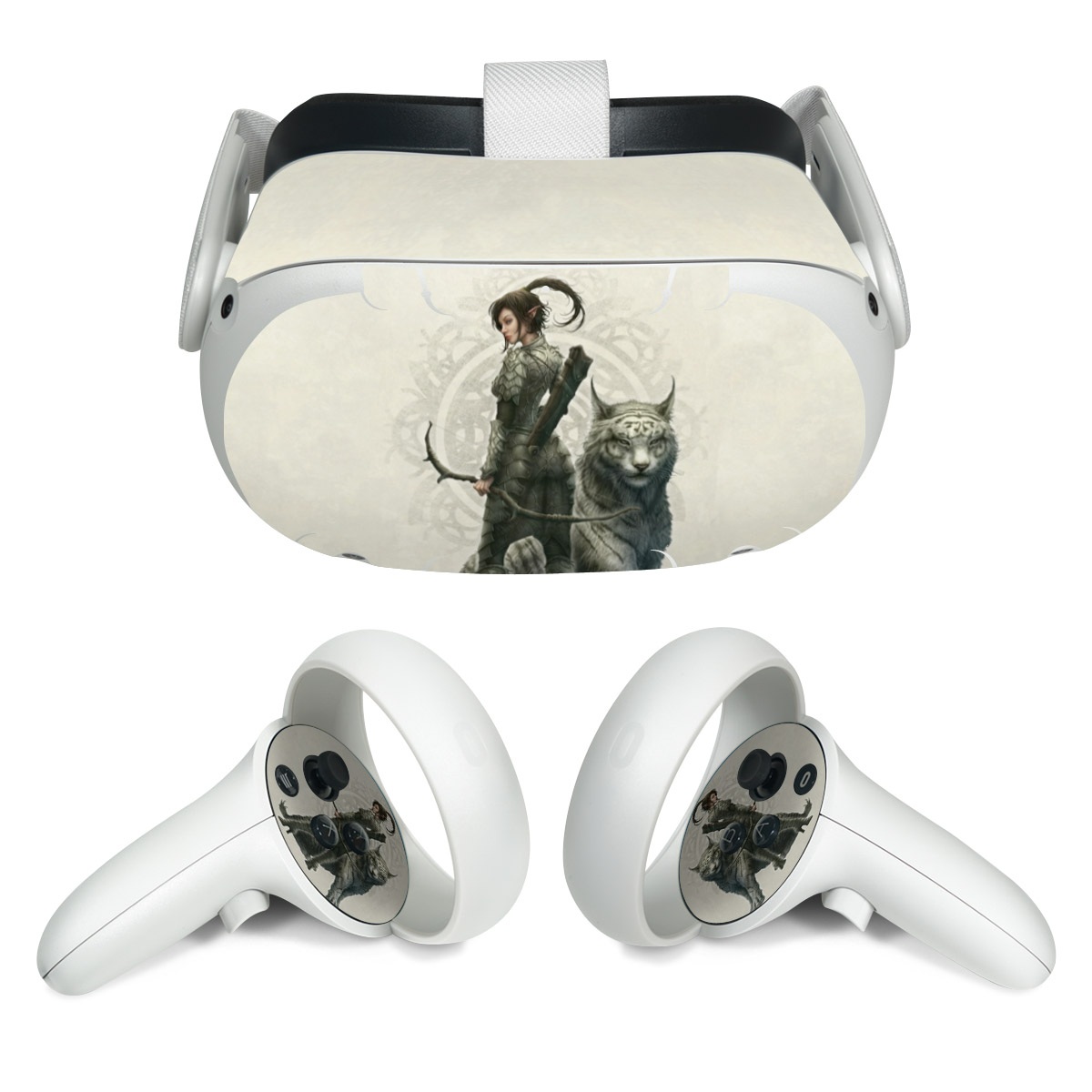 Meta Quest 2 Skin design of Illustration, Fictional character, Drawing, Woman warrior, Art, Mythology, Sketch, with gray, black, pink, yellow, green colors