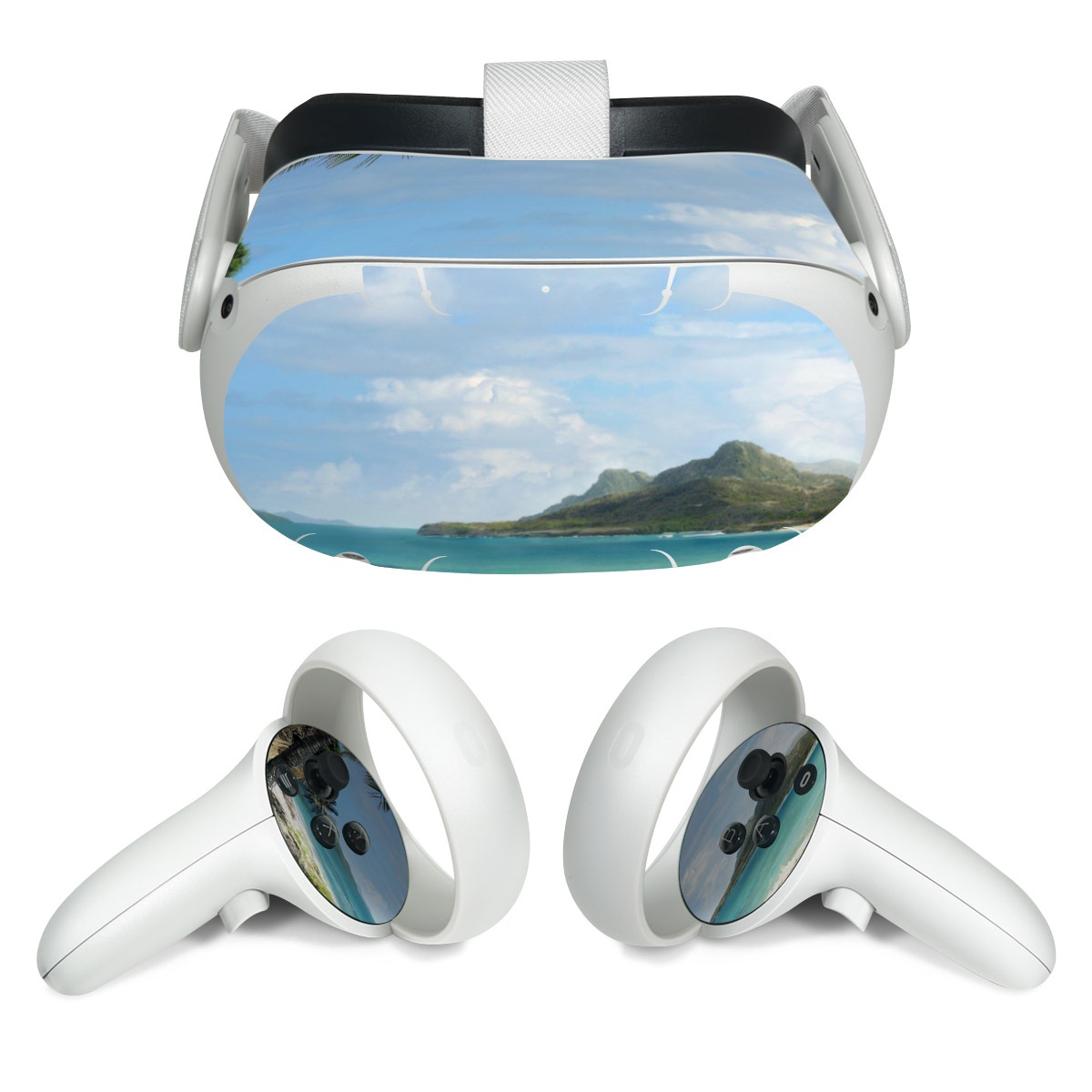 Meta Quest 2 Skin design of Body of water, Tropics, Nature, Natural landscape, Shore, Coast, Caribbean, Sea, Tree, Beach, with gray, black, blue, green colors