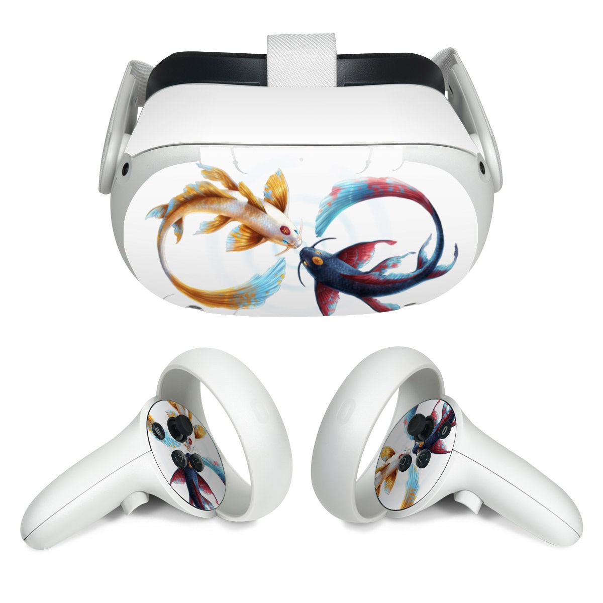 Meta Quest 2 Skin design of Marine invertebrates, Art, Wing, Feather, Tree, Beak, Electric blue, Fish, Natural material, Painting, with white, black, yellow, orange, red, blue colors