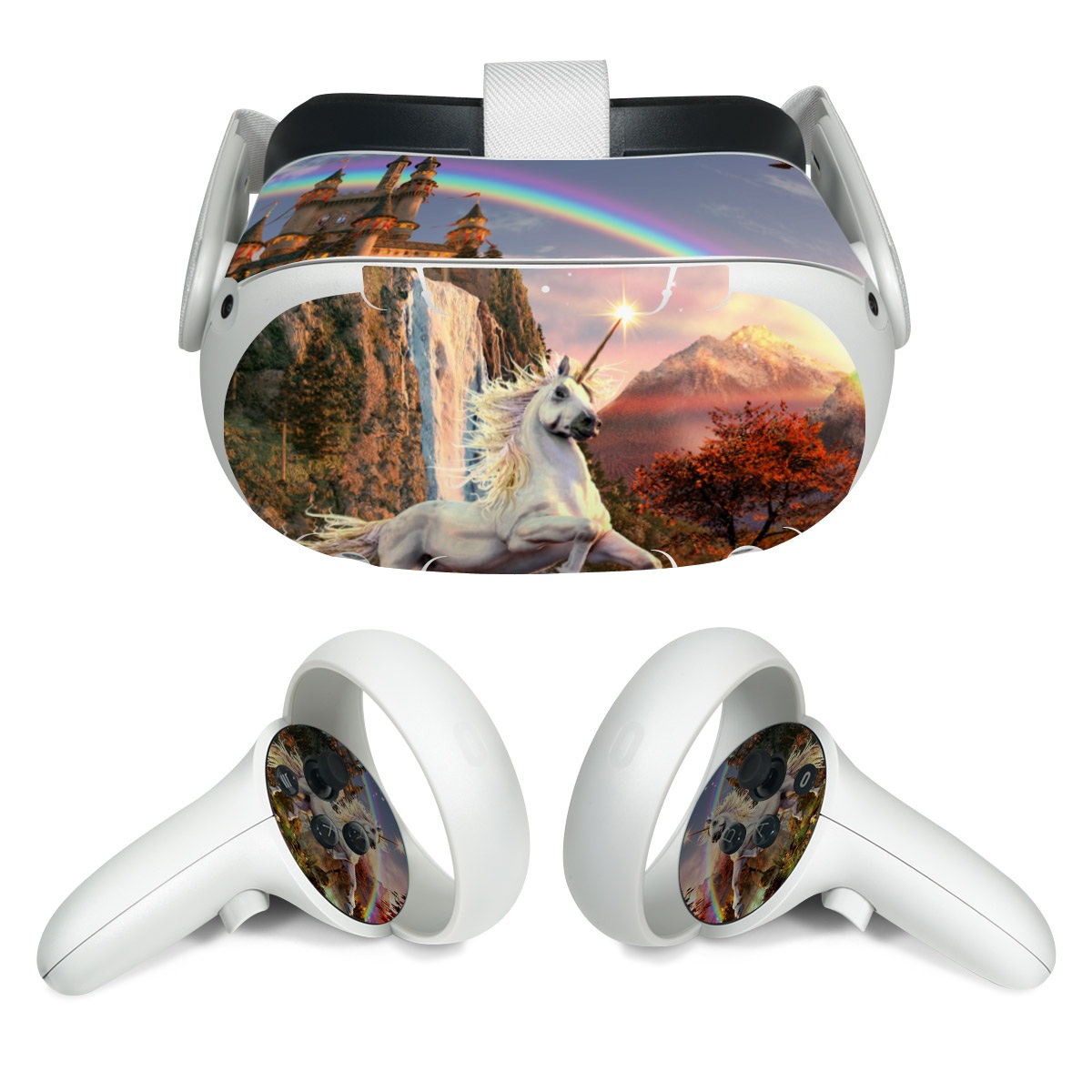 Meta Quest 2 Skin design of Nature, Unicorn, Fictional character, Sky, Mythical creature, Mythology, Cg artwork, Horse, Mane, Wildlife, with black, gray, red, green, blue colors