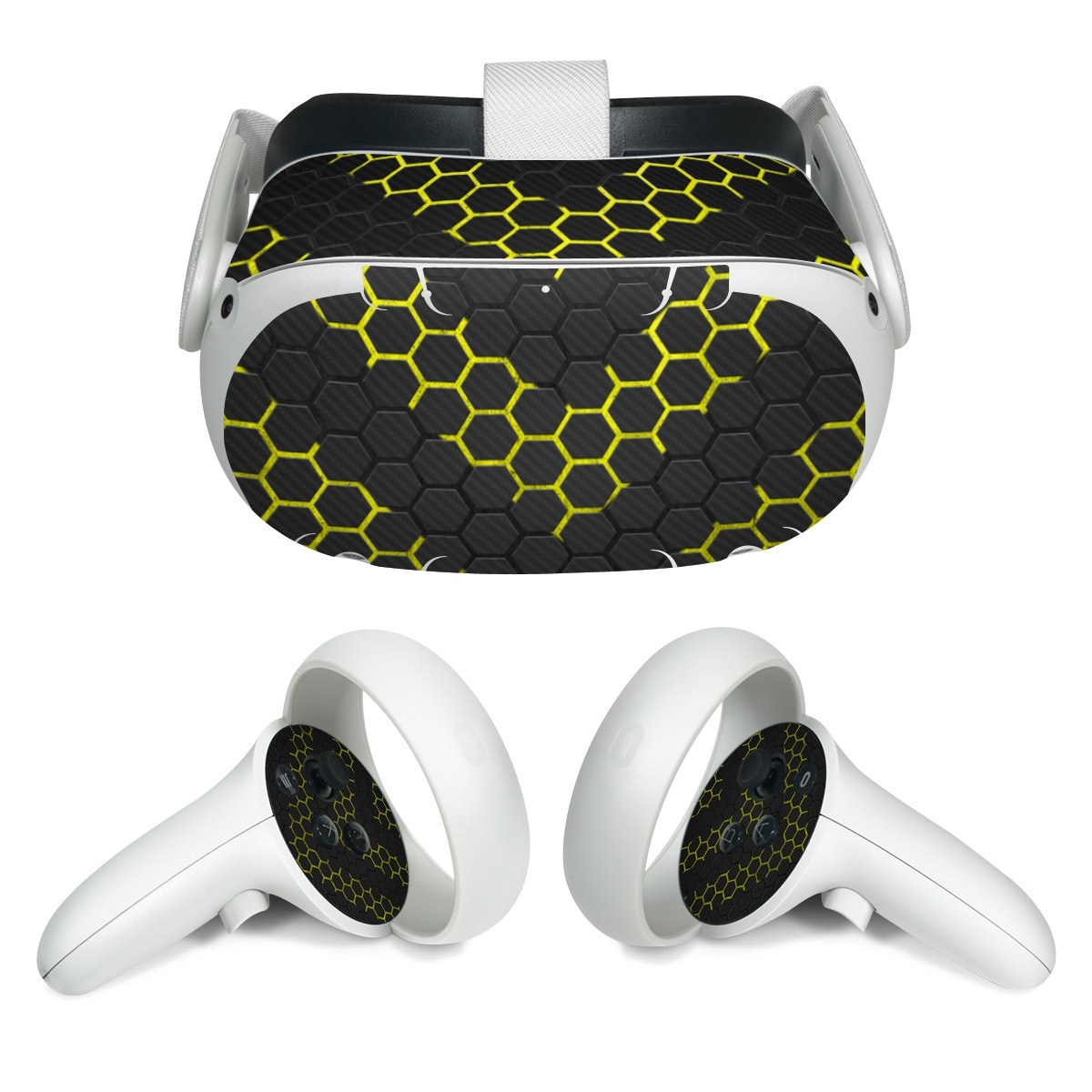 Meta Quest 2 Skin design of Black, Pattern, Yellow, Mesh, Net, Chain-link fencing, Design, Metal, with black, gray, yellow colors
