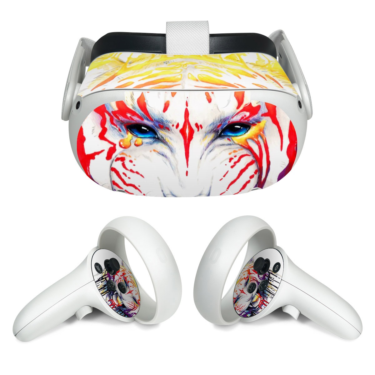 Meta Quest 2 Skin design of Jaw, Roar, Organism, Gesture, Art, Font, Felidae, Painting, Illustration, Drawing, with white, black, yellow, red, orange, purple colors