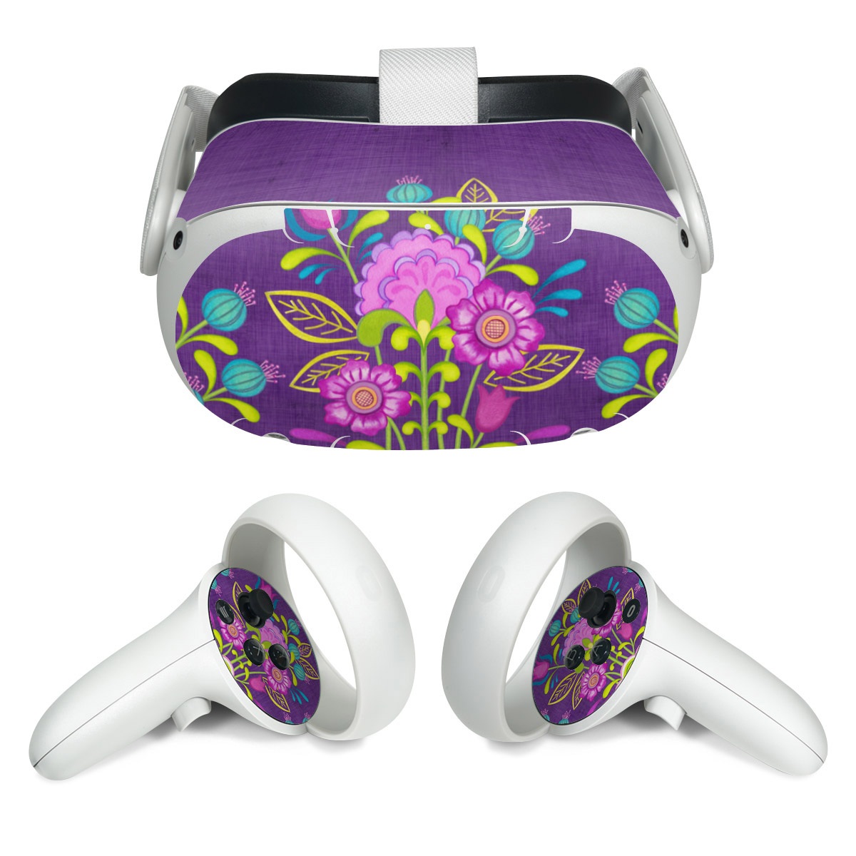 Meta Quest 2 Skin design of Flower, Pattern, Plant, Violet, Botany, Visual arts, Design, Floral design, Art, Magenta, with blue, purple, green, gray, red colors