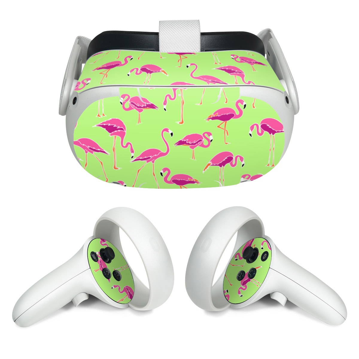 Meta Quest 2 Skin design of Pink, Green, Red, Pattern, Wrapping paper, Textile, Design, Flamingo, Line, with pink, green colors