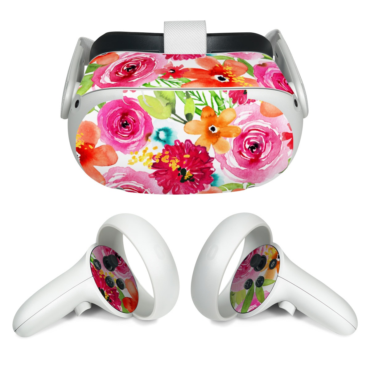 Meta Quest 2 Skin design of Flower, Cut flowers, Floral design, Plant, Pink, Bouquet, Petal, Flower Arranging, Artificial flower, Clip art, with pink, red, green, orange, yellow, blue, white colors