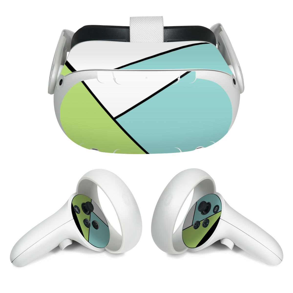 Meta Quest 2 Skin design of Green, Line, Blue, Triangle, Design, Parallel, Pattern, Graphic design, Slope, with white, black, green, blue colors