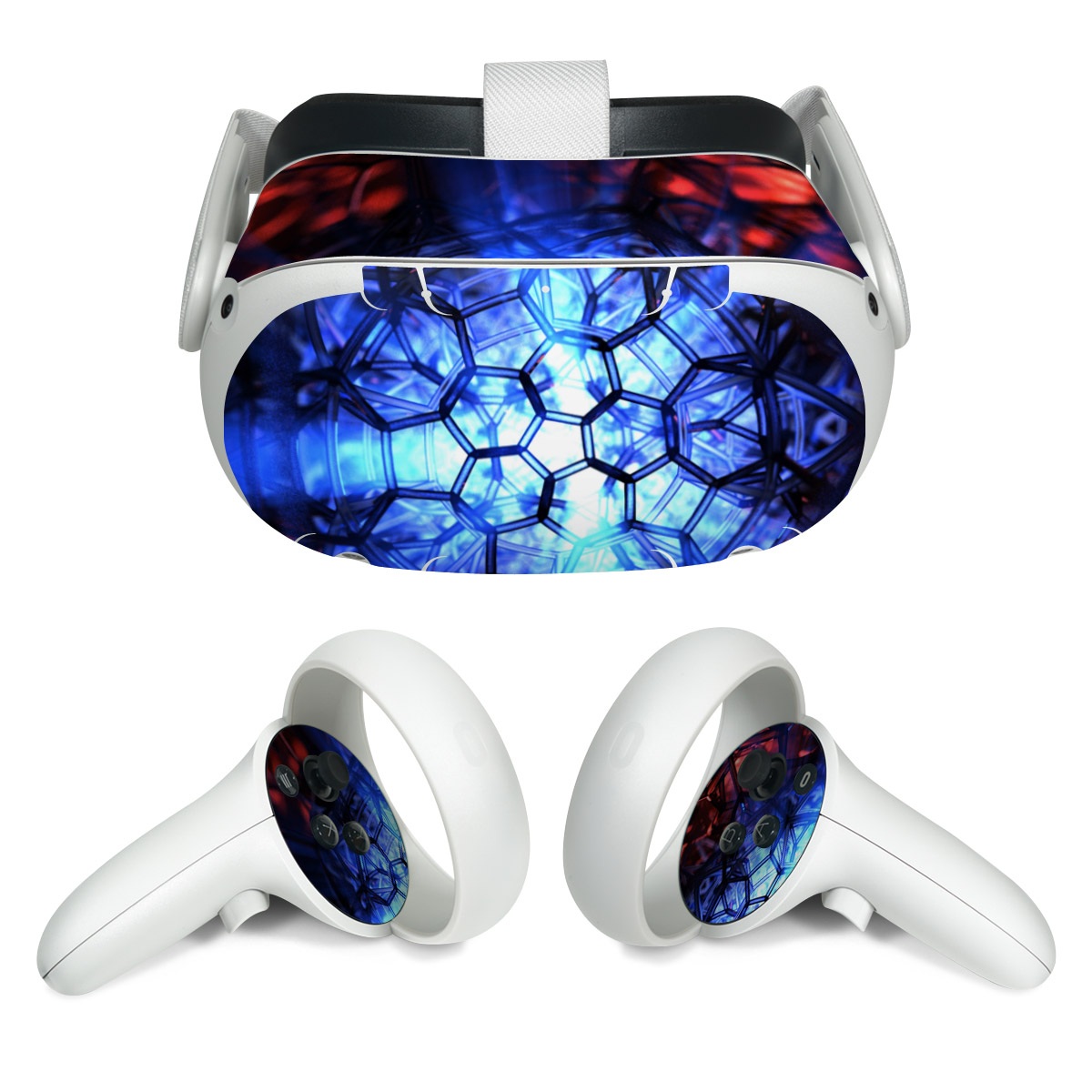 Meta Quest 2 Skin design of Blue, Fractal art, Red, Light, Pattern, Lighting, Art, Kaleidoscope, Design, Psychedelic art, with black, blue, red colors