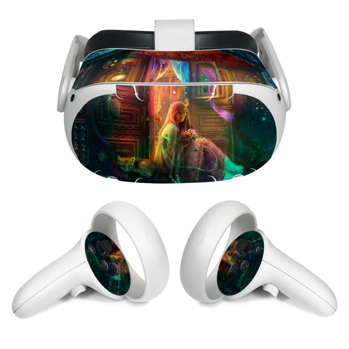 Meta Quest 2 Skin design of Illustration, Adventure game, Darkness, Art, Digital compositing, Fictional character, Games, with black, red, blue, green colors