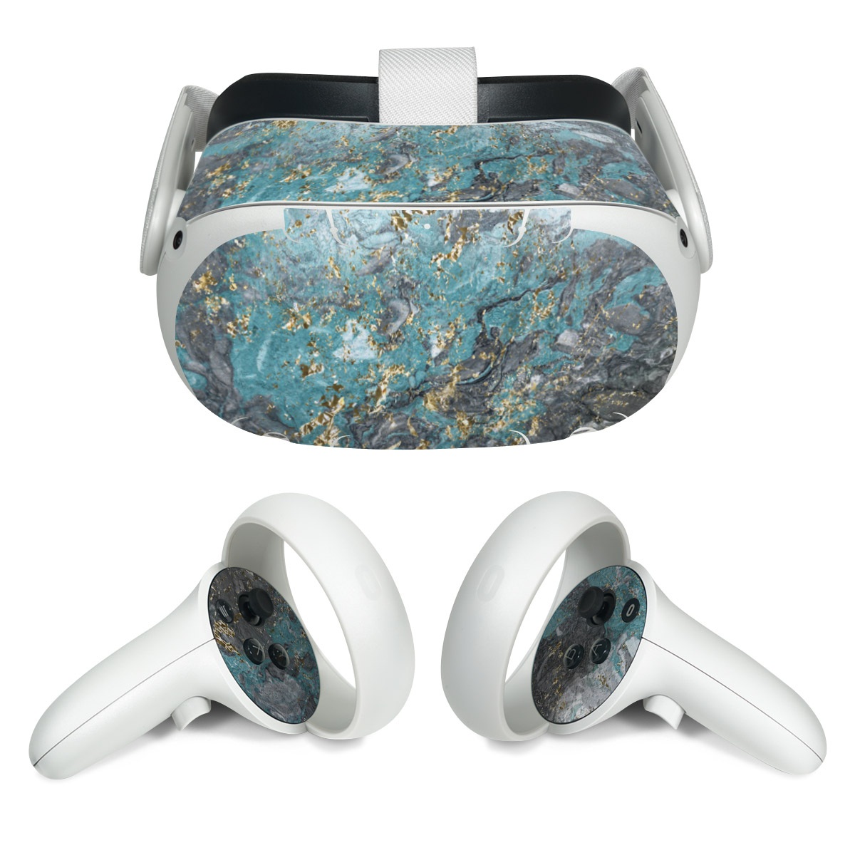 Meta Quest 2 Skin design of Blue, Turquoise, Green, Aqua, Teal, Geology, Rock, Painting, Pattern, with black, white, gray, green, blue colors