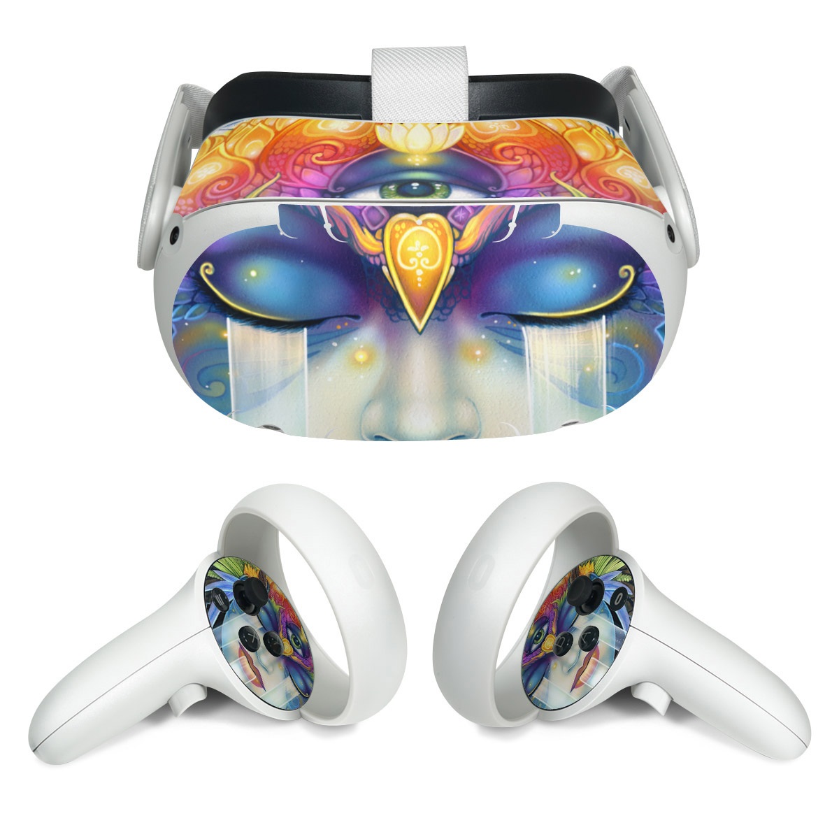 Meta Quest 2 Skin design of Art paint, Paint, Painting, Art, Illustration, Fictional character, Symmetry, Cg artwork, Visual arts, Electric blue, with blue, yellow, orange, red, purple, blue, green, brown, gray colors