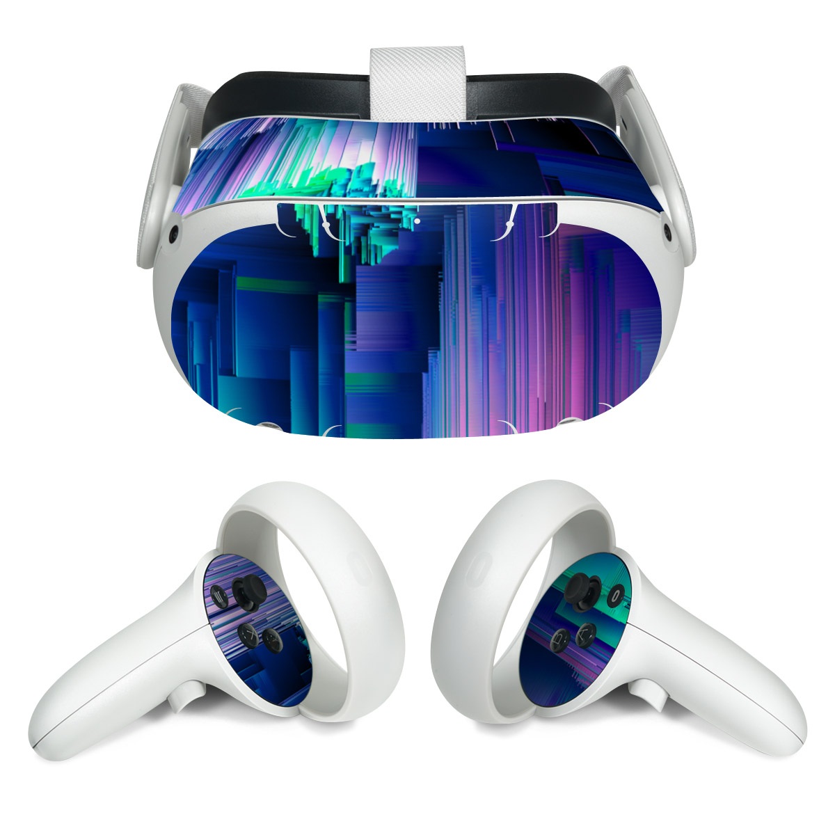 Meta Quest 2 Skin design of Blue, Green, Light, Colorfulness, with blue, purple, pink, white colors