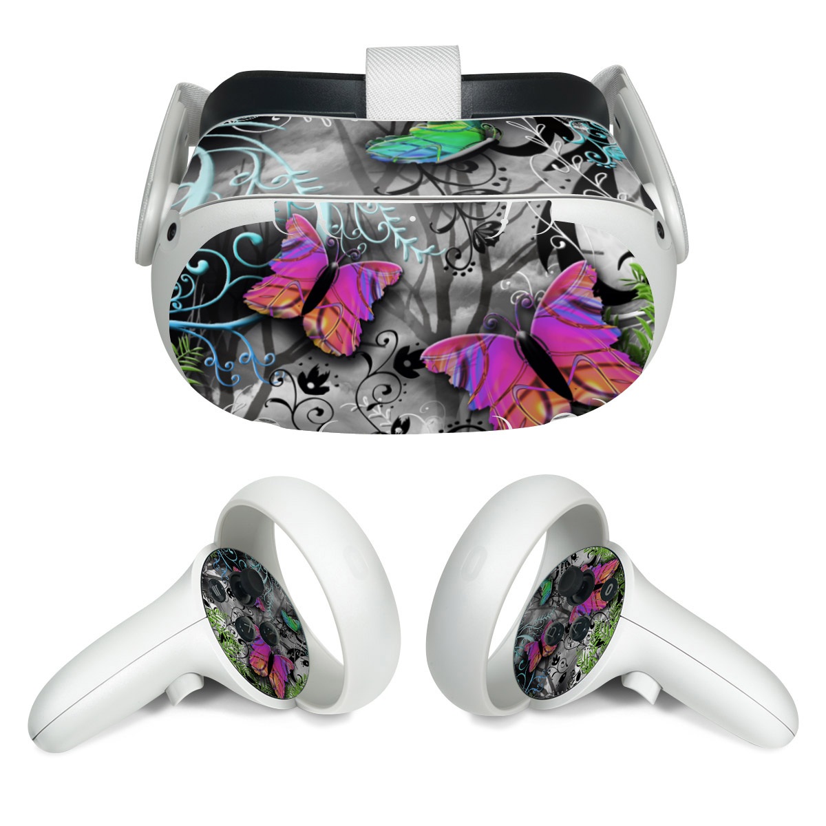 Meta Quest 2 Skin design of Butterfly, Pink, Purple, Violet, Organism, Spring, Moths and butterflies, Botany, Plant, Leaf, with black, gray, green, purple, red colors