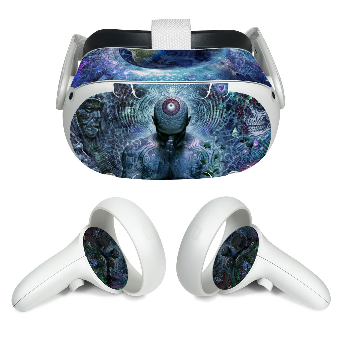 Meta Quest 2 Skin design of Psychedelic art, Fractal art, Art, Space, Organism, Earth, Sphere, Graphic design, Circle, Graphics, with blue, green, gray, purple, pink, black, white colors