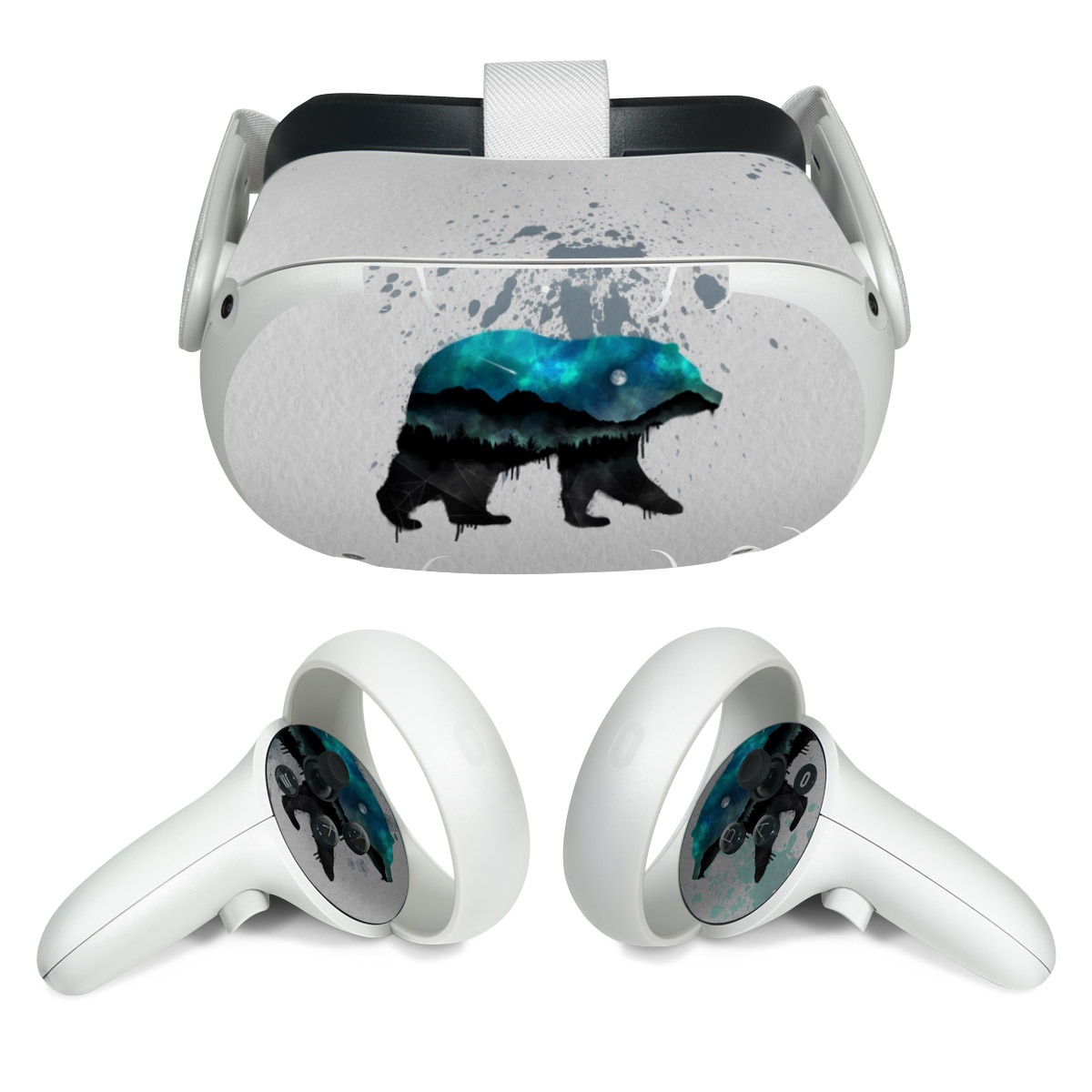 Meta Quest 2 Skin design of Bear, Illustration, Grizzly bear, Art, Watercolor paint, Snout, Carnivore, Graphic design, Space, Polar bear, with gray, black, white, green, blue colors