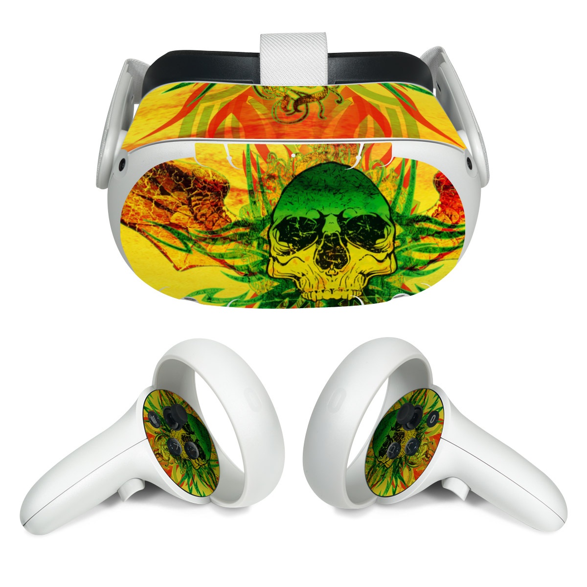Meta Quest 2 Skin design of Psychedelic art, Skull, Illustration, Bone, Art, Graphic design, Visual arts, Poster, Plant, Painting, with green, orange, black, red colors
