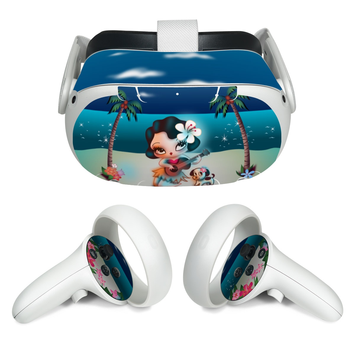 Meta Quest 2 Skin design of Cartoon, Animated cartoon, Illustration, Animation, Fictional character, Plant, Art, Clip art, with blue, white, brown, pink, green, yellow, red colors