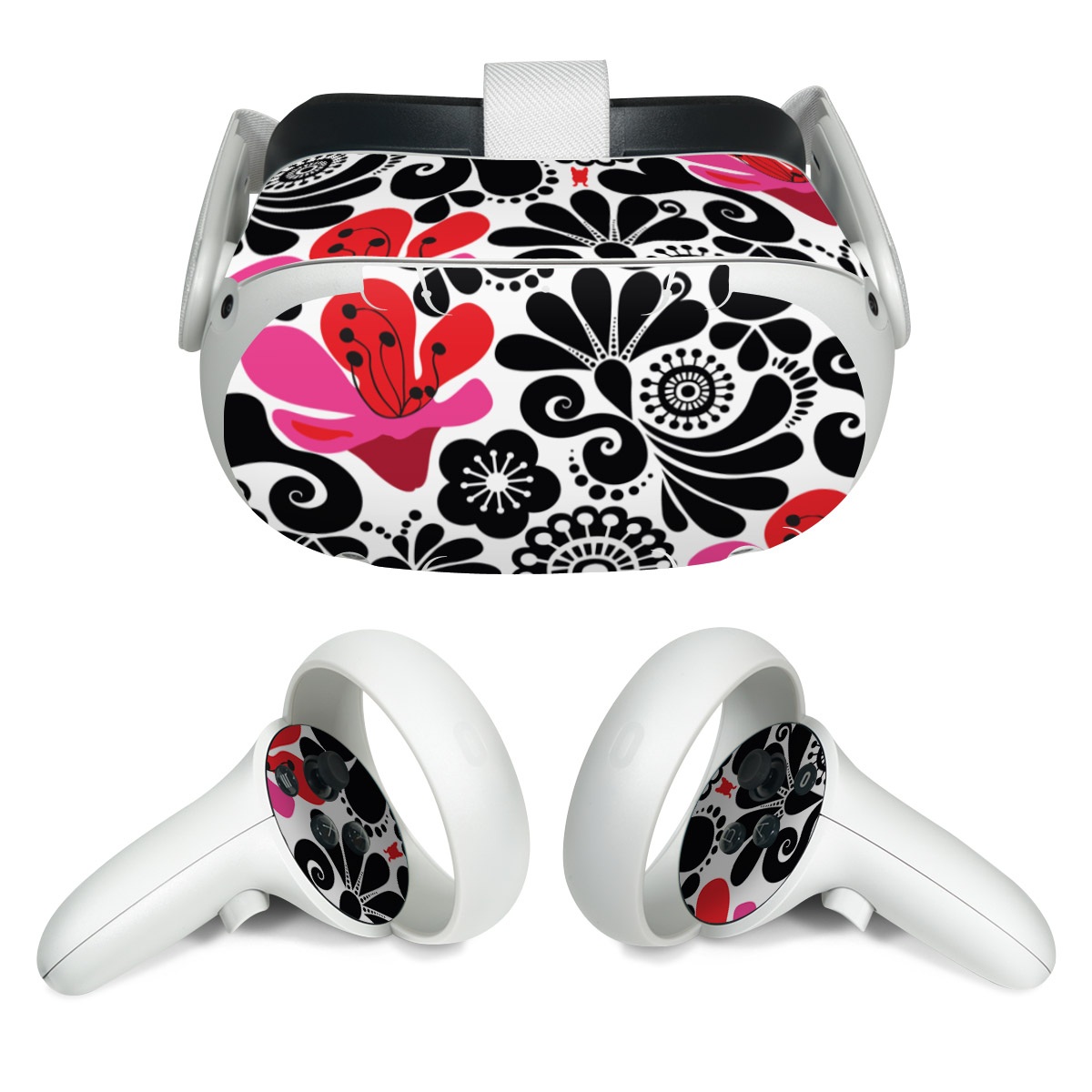 Meta Quest 2 Skin design of White, Product, Green, Botany, Petal, Textile, Pink, Creative arts, Line, Magenta, with black, white, pink, red colors