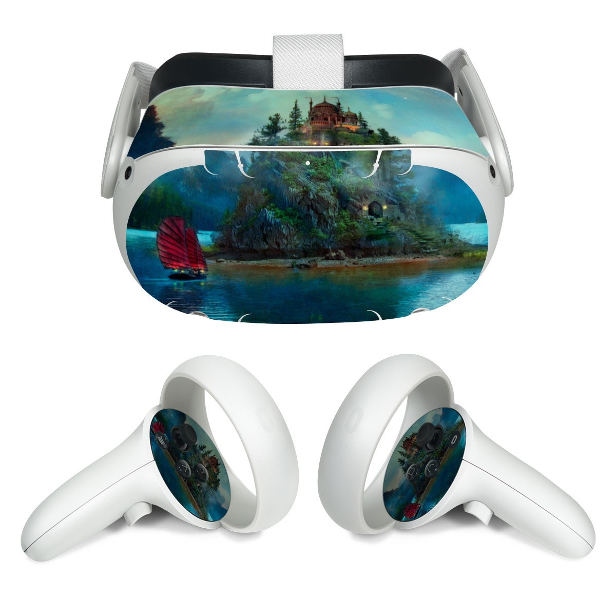 Meta Quest 2 Skin design of Nature, Natural landscape, Sky, Painting, Landscape, Illustration, Watercolor paint, Art, Calm, Water castle, with black, gray, blue, green colors