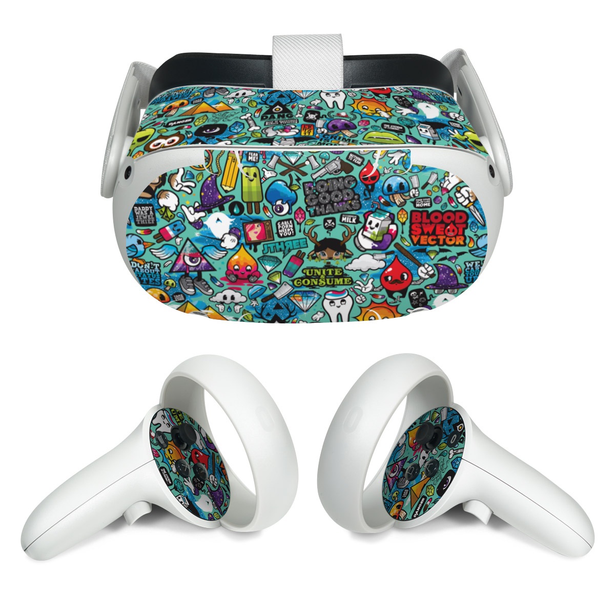 Meta Quest 2 Skin design of Cartoon, Art, Pattern, Design, Illustration, Visual arts, Doodle, Psychedelic art, with black, blue, gray, red, green colors