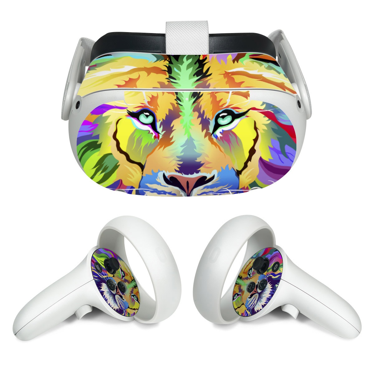 Meta Quest 2 Skin design of Bengal tiger, Felidae, Lion, Wildlife, Big cats, Tiger, Carnivore, Art, Illustration, Painting, with orange, yellow, green, red, pink, blue, purple colors