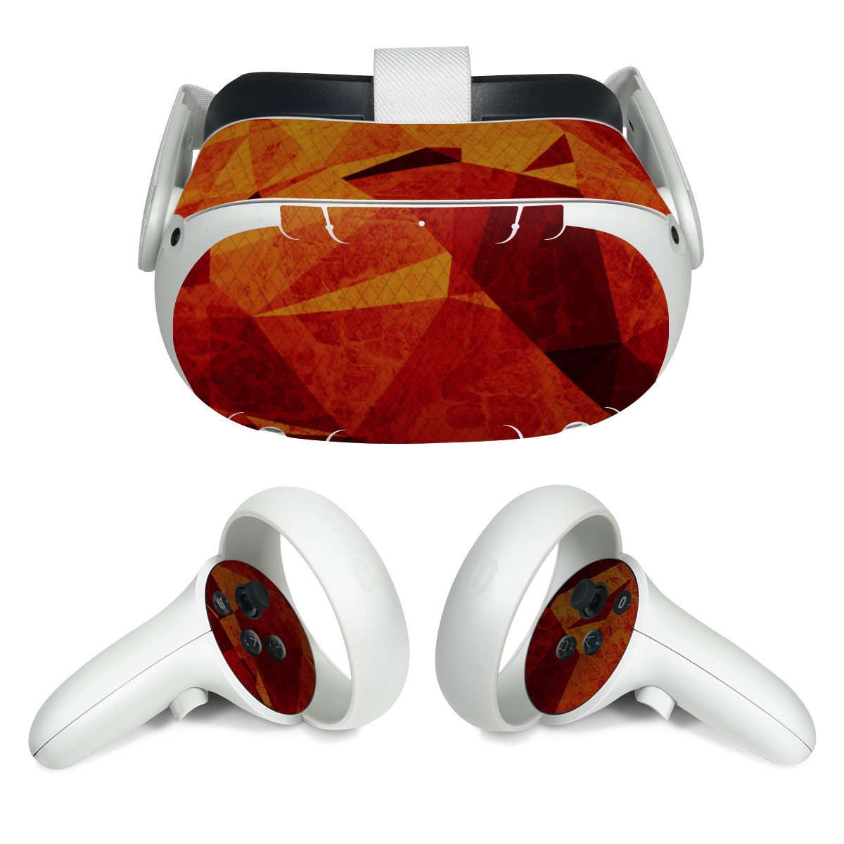 Meta Quest 2 Skin design of Orange, Red, Yellow, Triangle, Pattern, Amber, Design, Art, Visual arts, Modern art, with black, orange, yellow colors