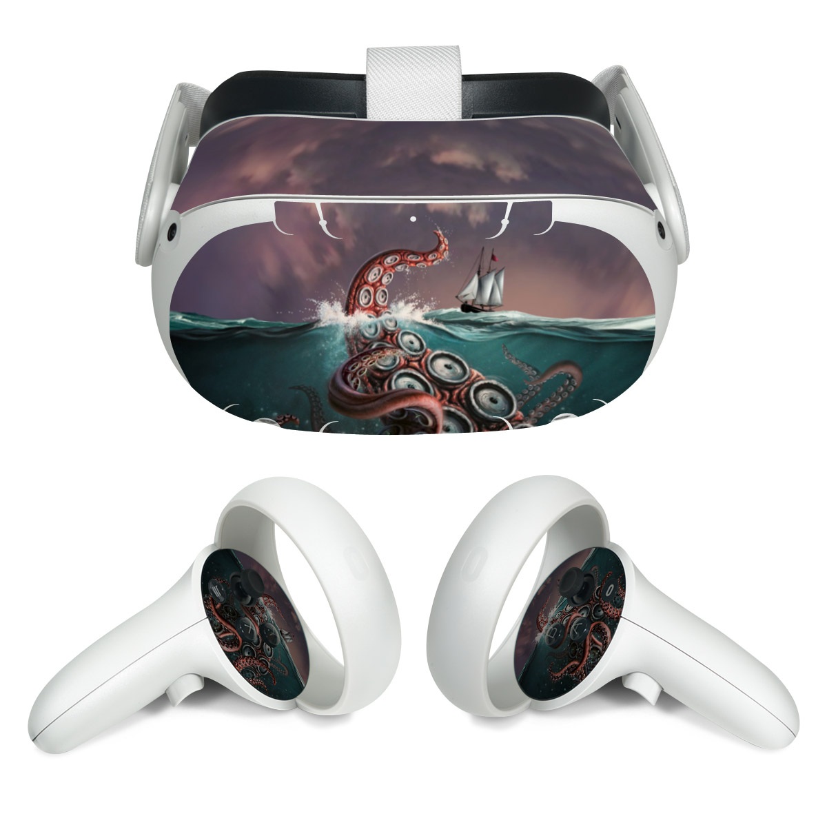 Meta Quest 2 Skin design of Octopus, Water, Illustration, Wind wave, Sky, Graphic design, Organism, Cephalopod, Cg artwork, giant pacific octopus, with blue, gray, white, brown, red colors